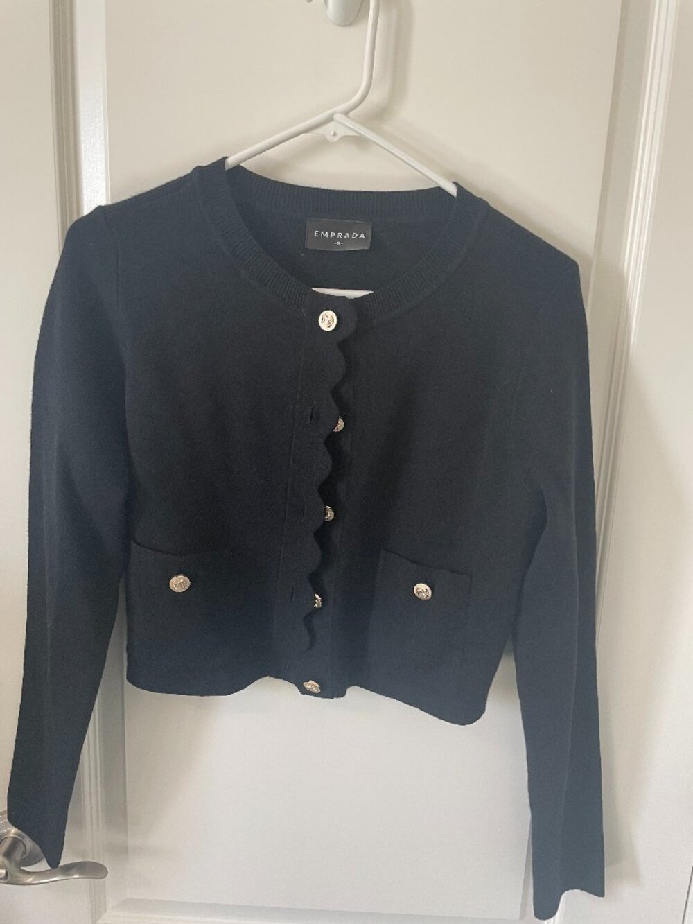 EMPRADA Women’s Black Scalloped Cardigan – Gold Buttons – Size SMALL
